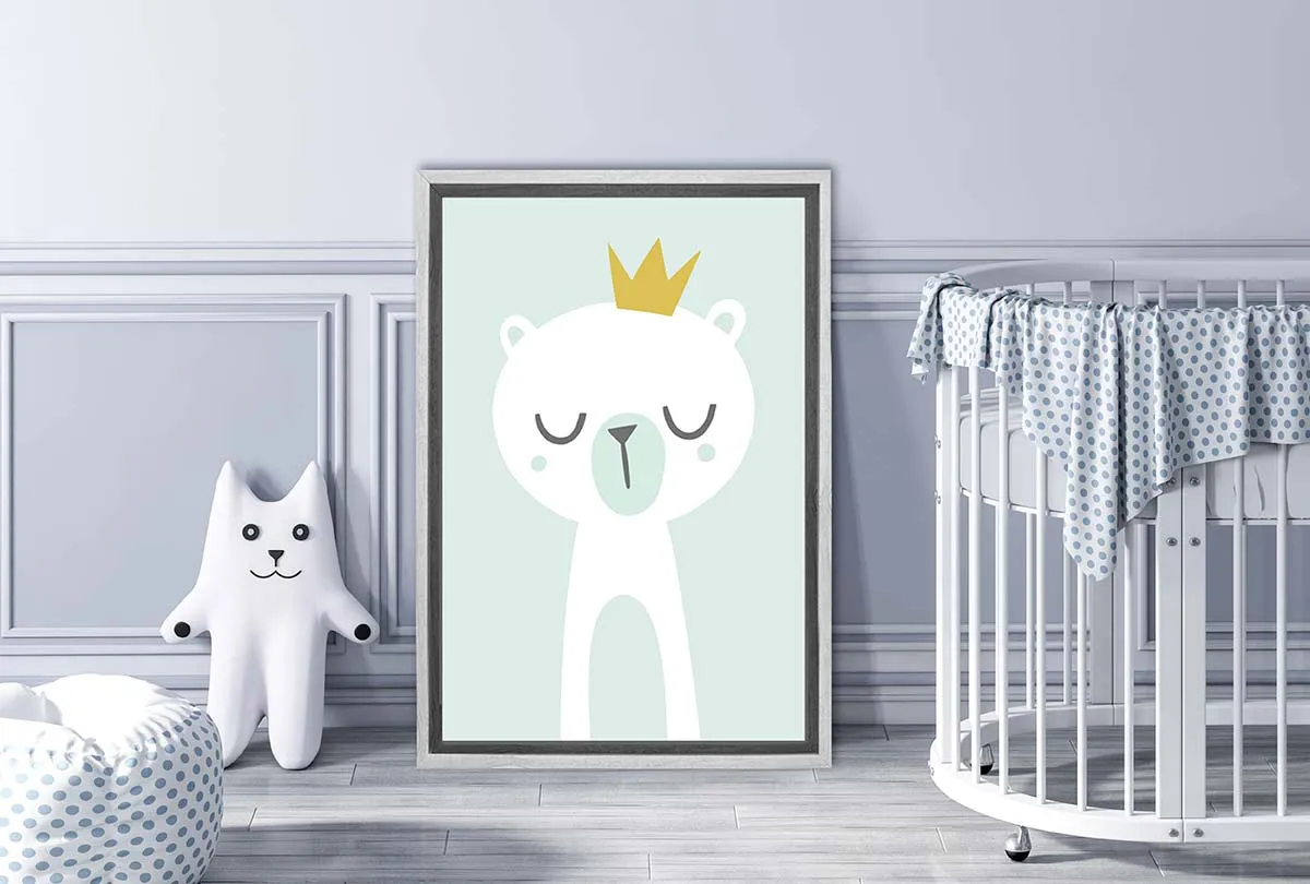 Bear with Crown Blue Gold | Scandinavian Kid's Wall Art Print