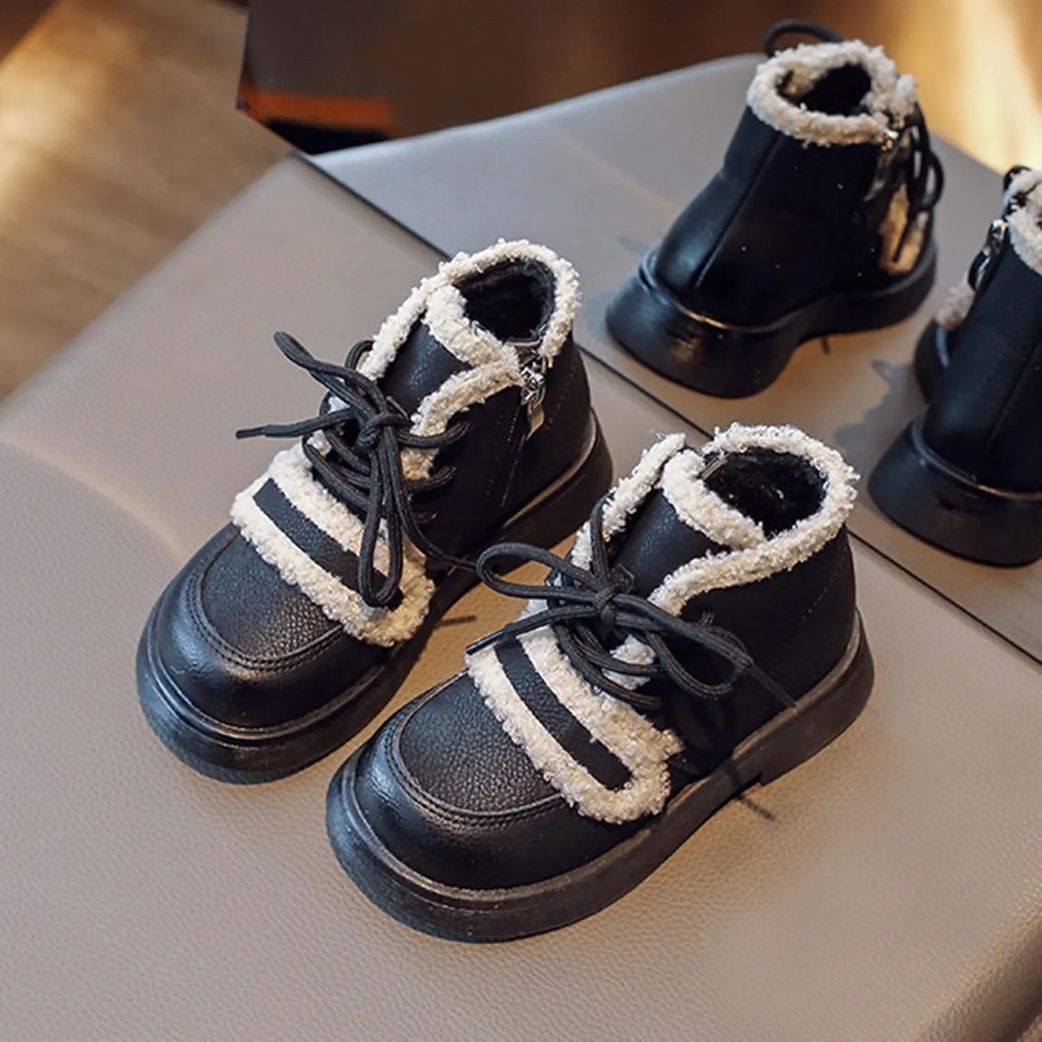 Girls Winter Water Proof Plush Booties Lace-up Non-Slip Platform Soft Sole Thick Faux Fr Warm Snow Ankle Boots