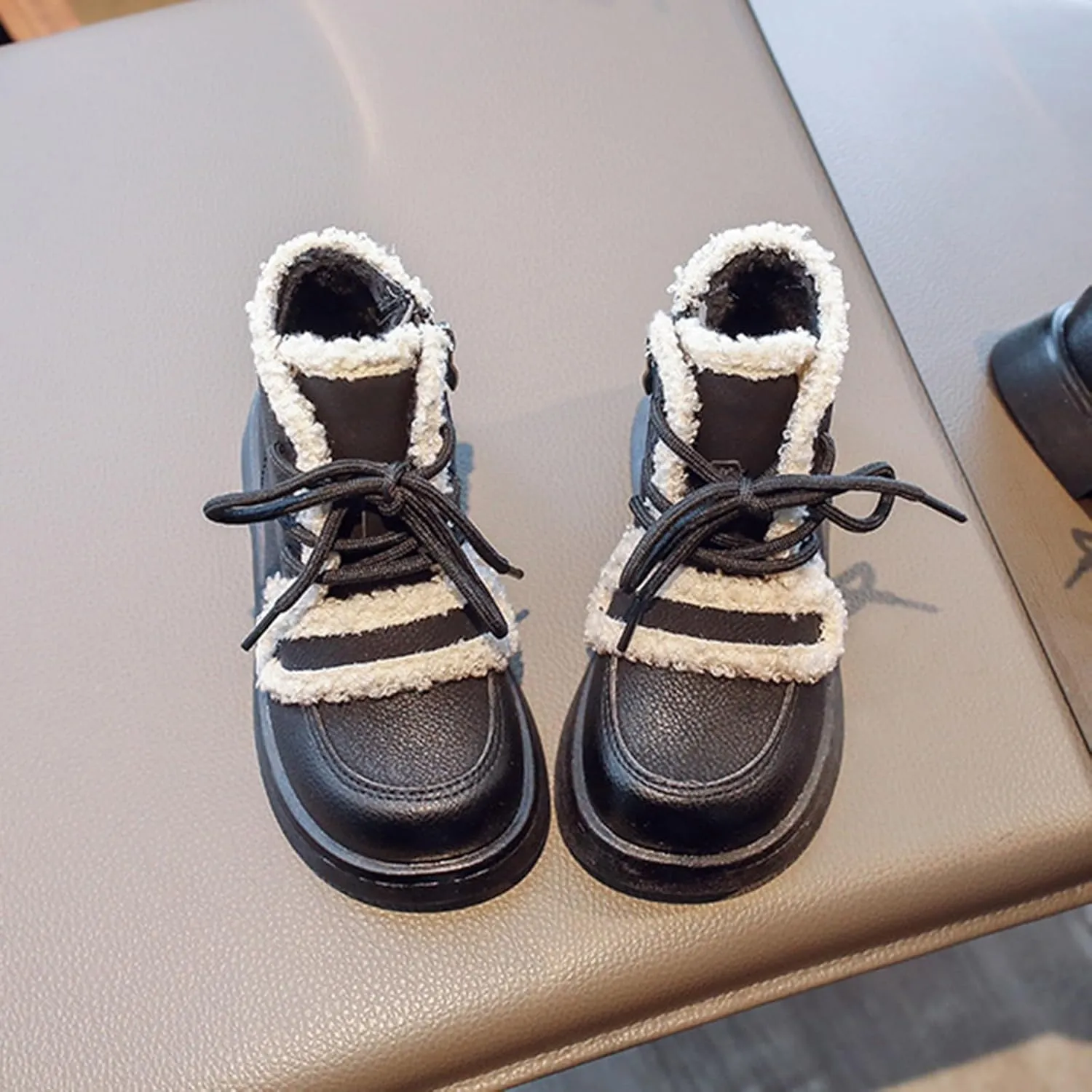 Girls Winter Water Proof Plush Booties Lace-up Non-Slip Platform Soft Sole Thick Faux Fr Warm Snow Ankle Boots