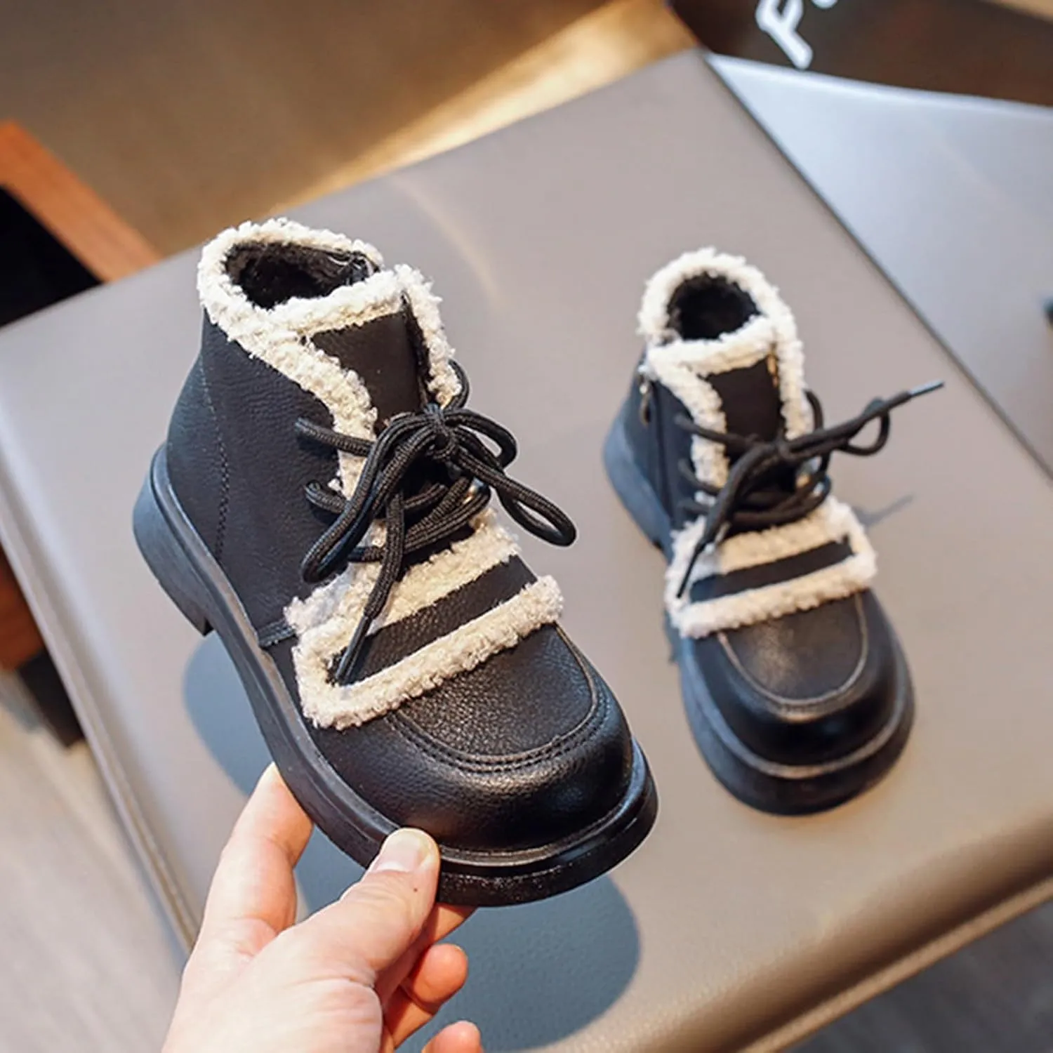 Girls Winter Water Proof Plush Booties Lace-up Non-Slip Platform Soft Sole Thick Faux Fr Warm Snow Ankle Boots