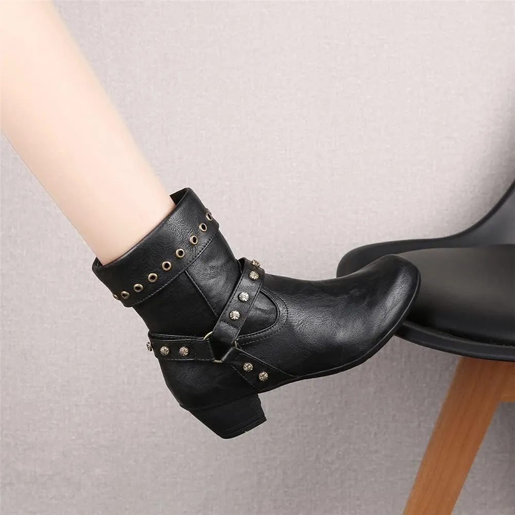 JFISQ Round Toe Western Ankle Boots, Women's Vintage Zipper Belt Buckle Leather Cowboy Boots Ladies Chunky Square Heel Shoes Mid Calf Plus Size Knight Boots