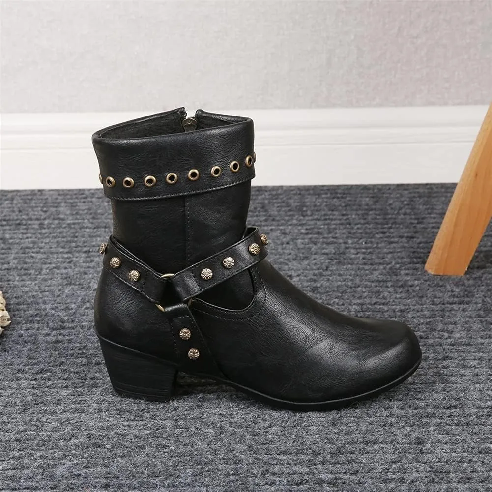 JFISQ Round Toe Western Ankle Boots, Women's Vintage Zipper Belt Buckle Leather Cowboy Boots Ladies Chunky Square Heel Shoes Mid Calf Plus Size Knight Boots
