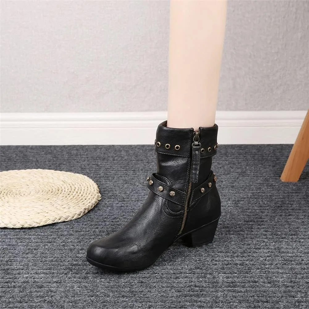 JFISQ Round Toe Western Ankle Boots, Women's Vintage Zipper Belt Buckle Leather Cowboy Boots Ladies Chunky Square Heel Shoes Mid Calf Plus Size Knight Boots
