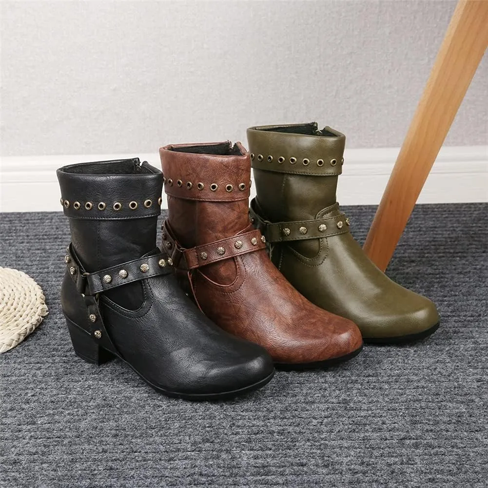 JFISQ Round Toe Western Ankle Boots, Women's Vintage Zipper Belt Buckle Leather Cowboy Boots Ladies Chunky Square Heel Shoes Mid Calf Plus Size Knight Boots