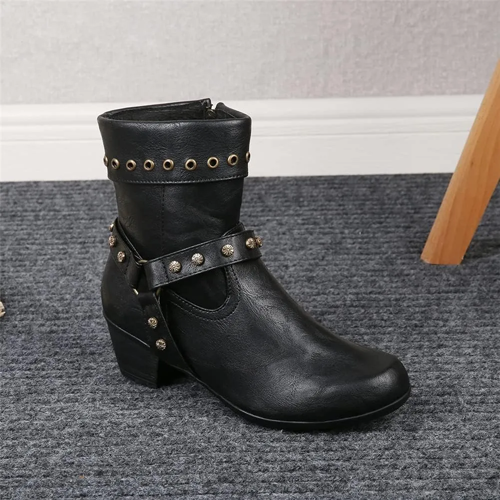 JFISQ Round Toe Western Ankle Boots, Women's Vintage Zipper Belt Buckle Leather Cowboy Boots Ladies Chunky Square Heel Shoes Mid Calf Plus Size Knight Boots