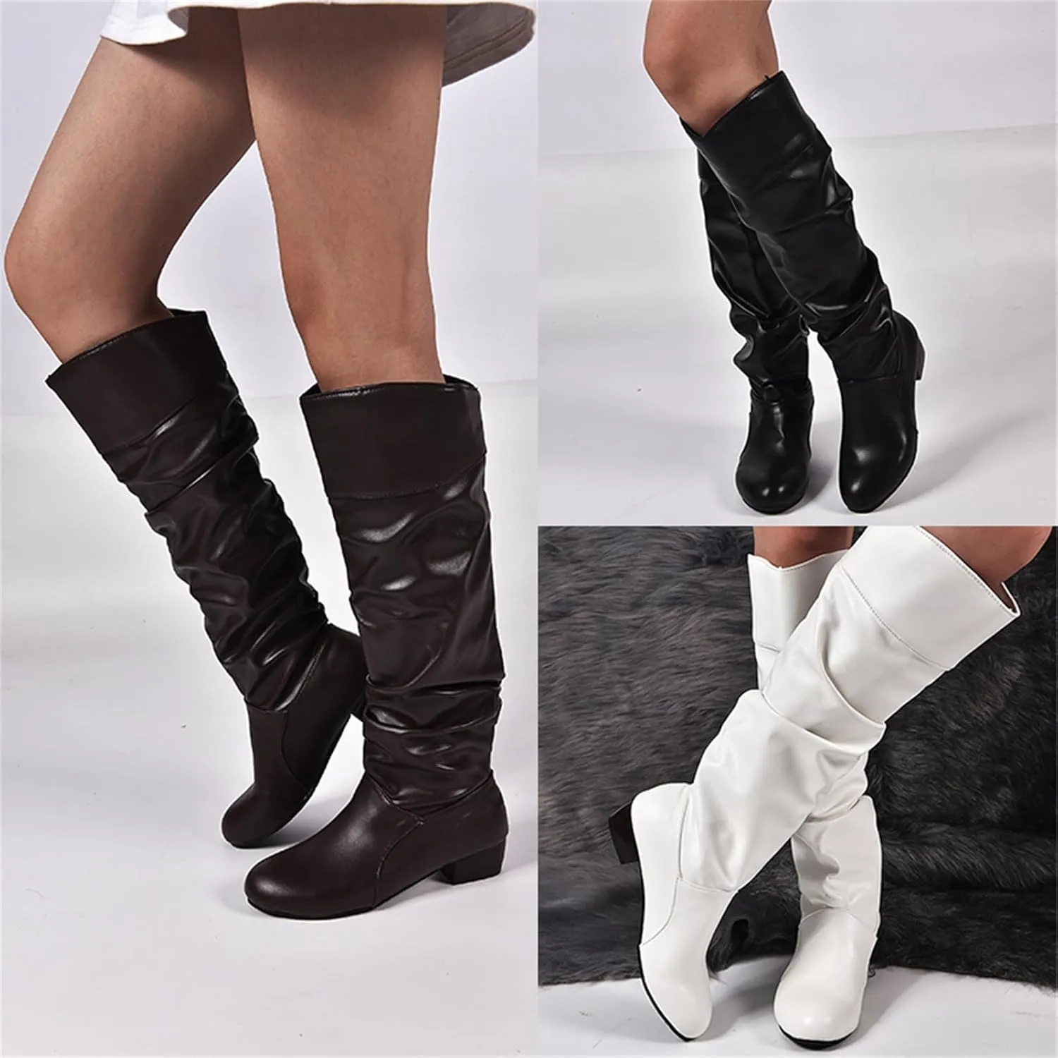 Ladmiple Fall Boots Women Knee High Wide Calf Cone Heel Slouchy Western Cowboy Cowgirl Boots Party Fashion Dress Shoes