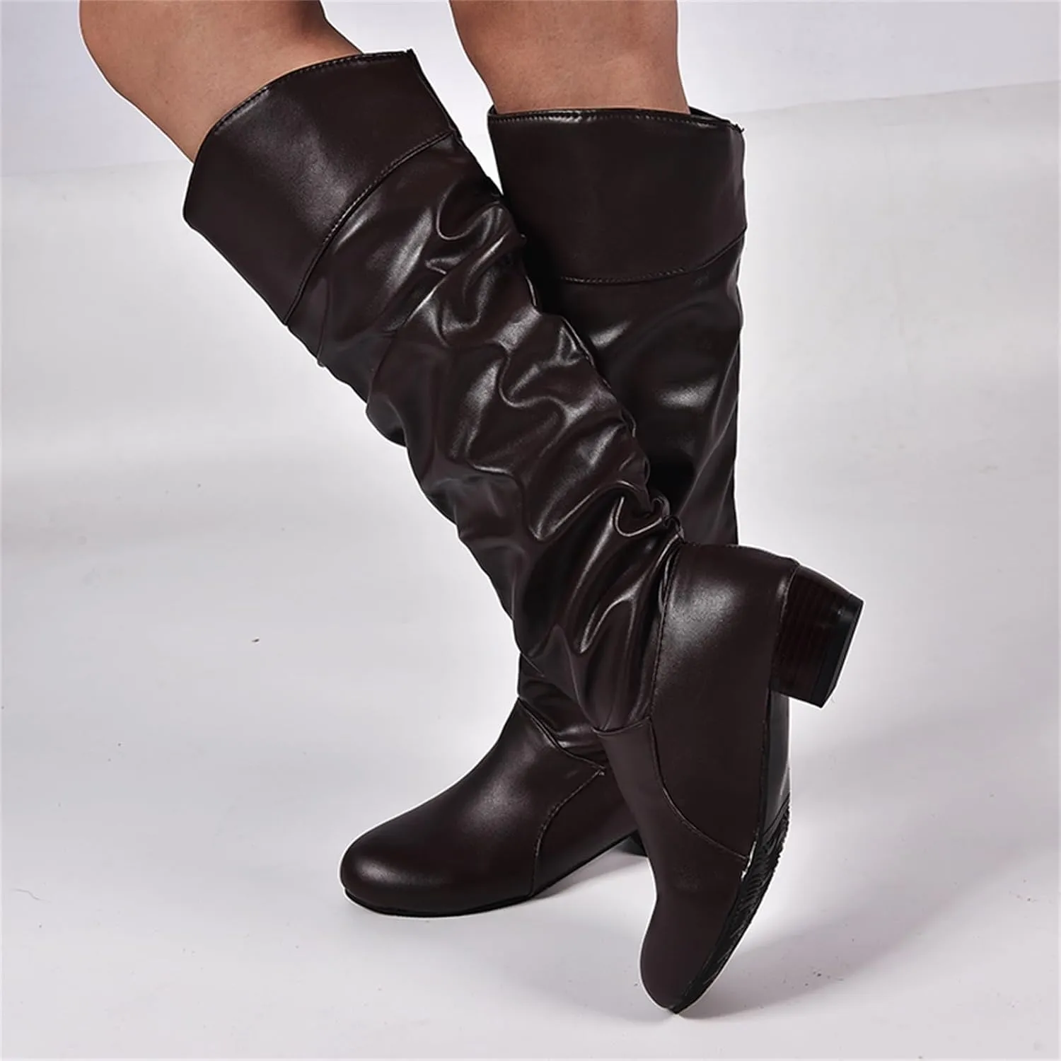 Ladmiple Fall Boots Women Knee High Wide Calf Cone Heel Slouchy Western Cowboy Cowgirl Boots Party Fashion Dress Shoes