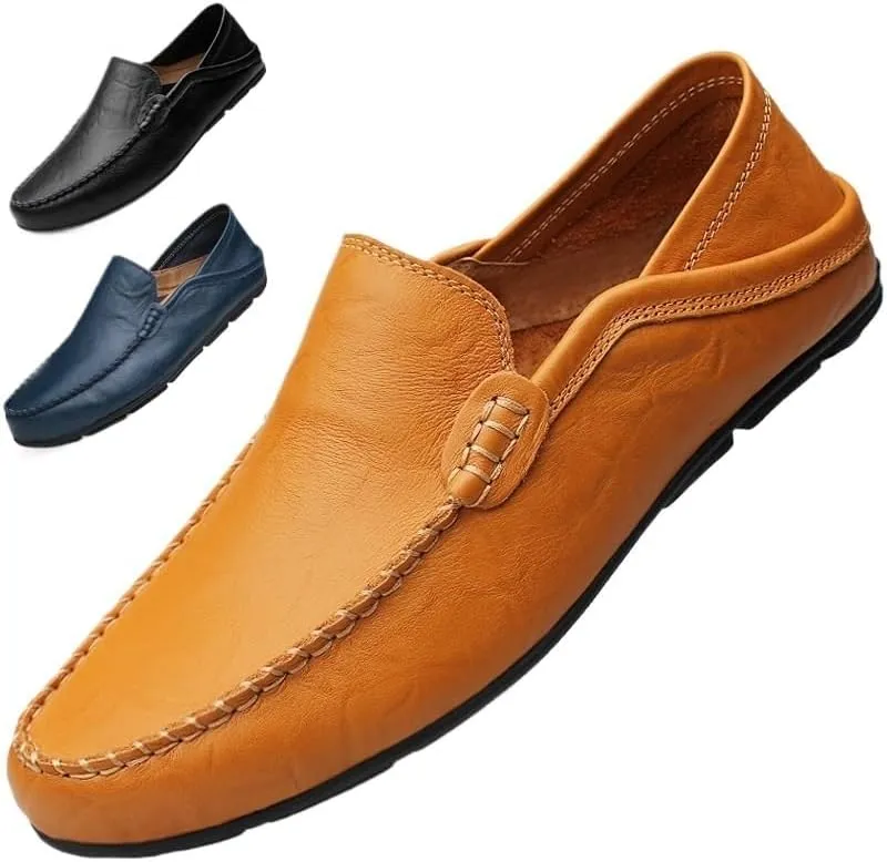 Men's Loafers Solid Color Round Toe Driving Style Loafer Flat Heel Anti-Slip Comfortable Outdoor Wedding Slip-On Smoking Shoes