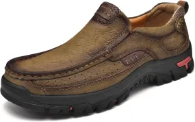 Mens Slip On Casual Loafers Classic Outdoor Leather Walking Hiking Shoes Comfortable for Work Office Dress Outdoor