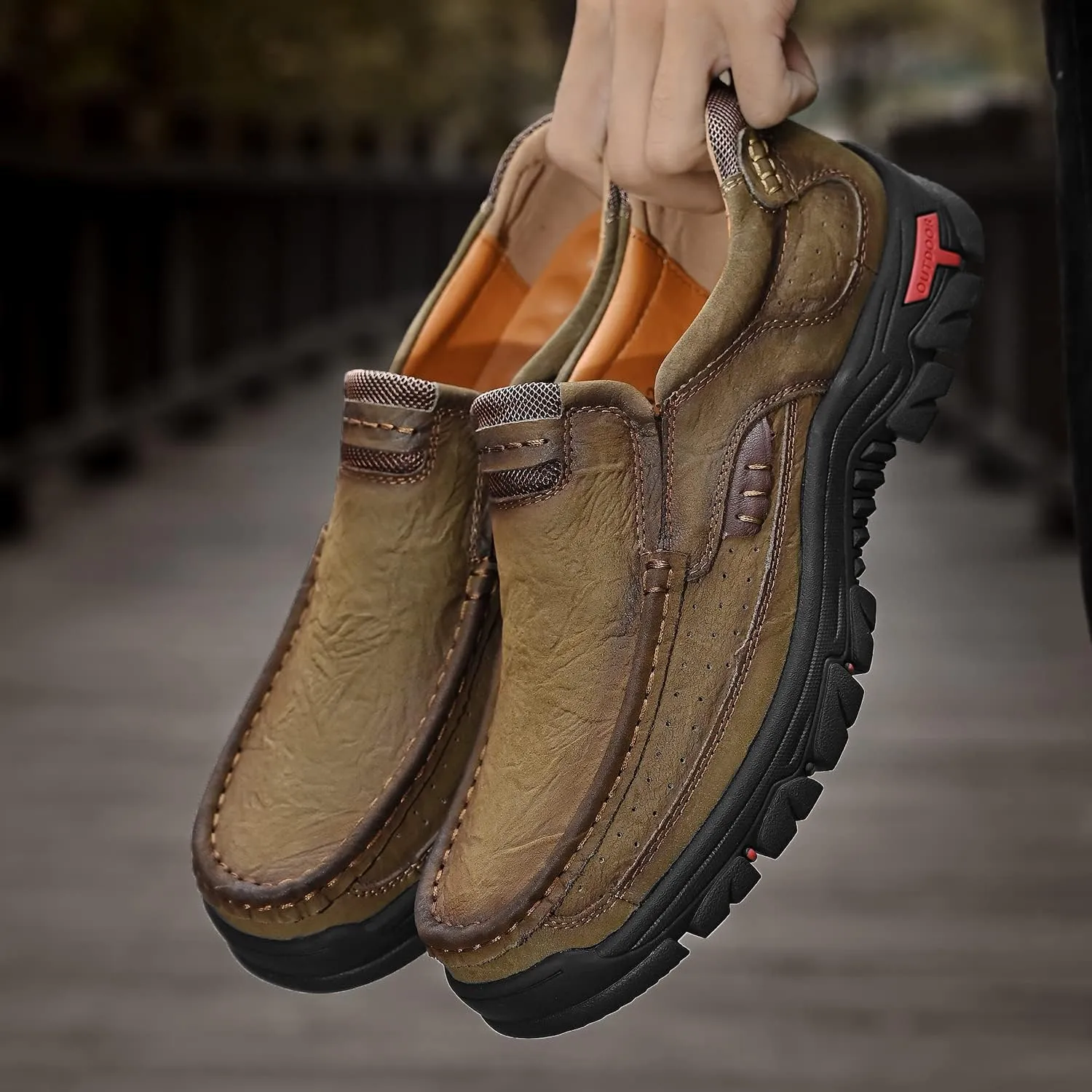 Mens Slip On Casual Loafers Classic Outdoor Leather Walking Hiking Shoes Comfortable for Work Office Dress Outdoor