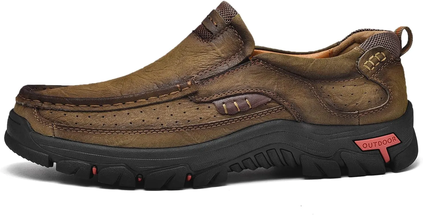 Mens Slip On Casual Loafers Classic Outdoor Leather Walking Hiking Shoes Comfortable for Work Office Dress Outdoor