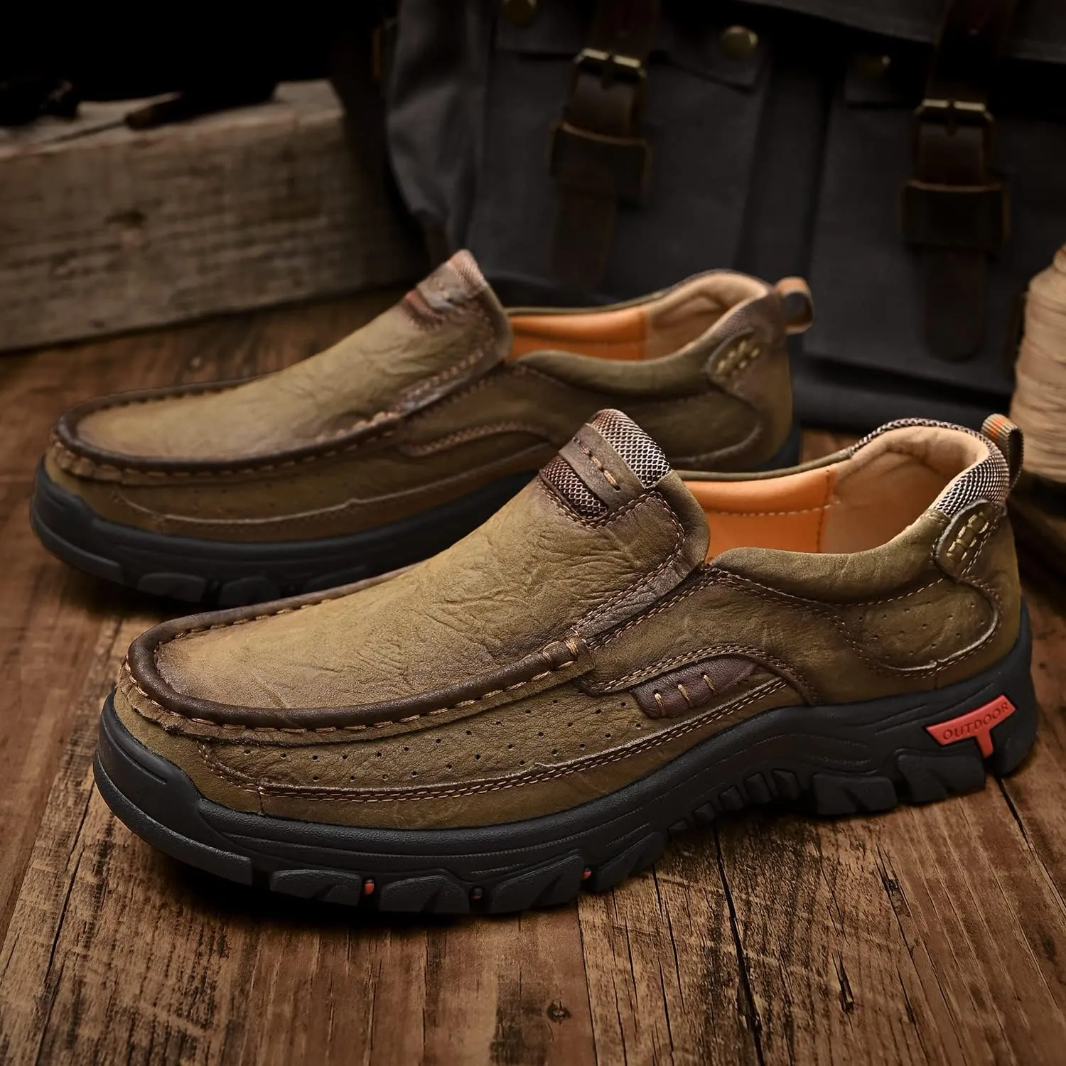 Mens Slip On Casual Loafers Classic Outdoor Leather Walking Hiking Shoes Comfortable for Work Office Dress Outdoor