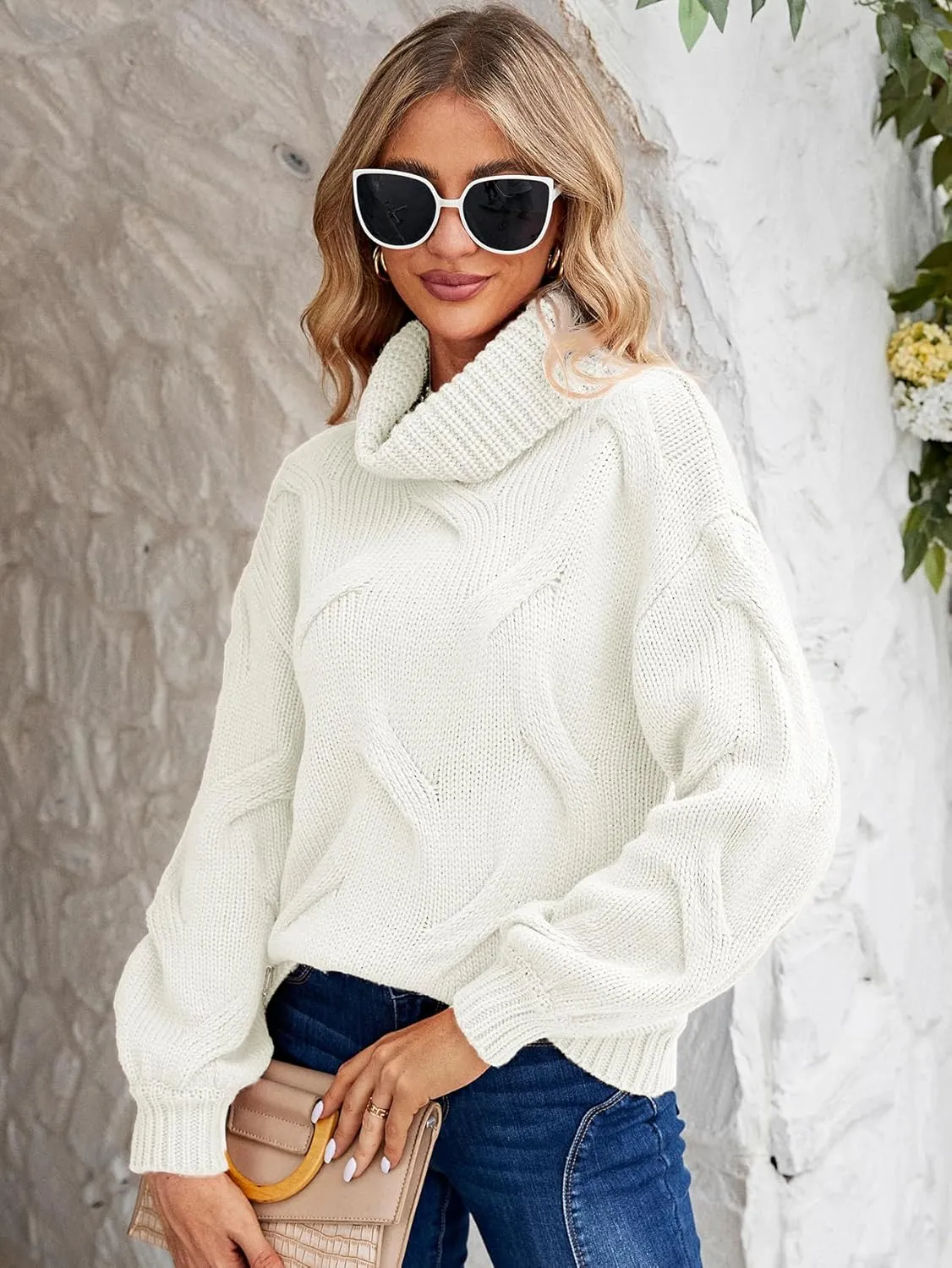 Miessial Women's Fall Loose Cable Knit Turtle Neck Long Lantern Sleeve Sweater Casual Oversized Pullover Sweater Tops