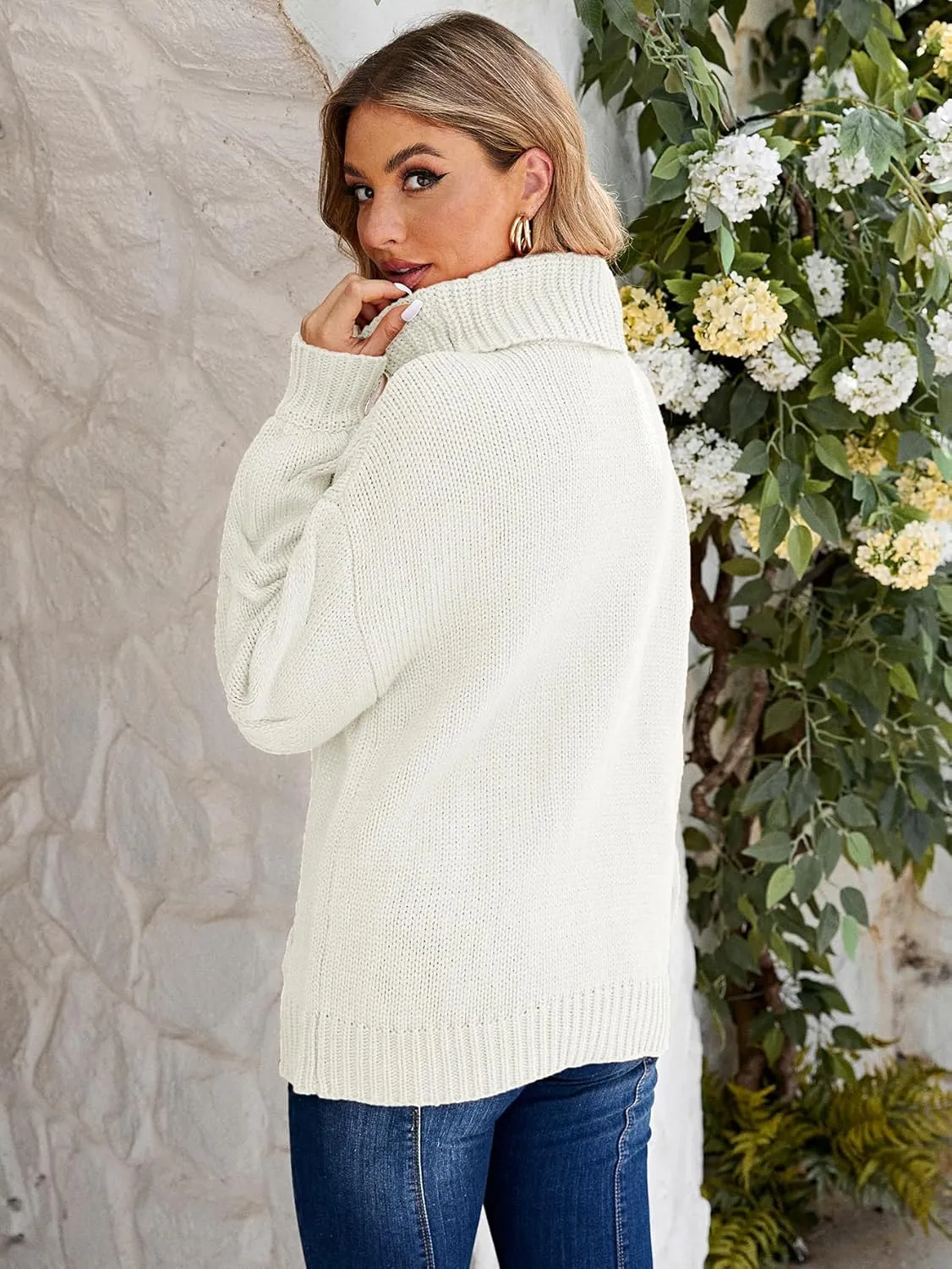 Miessial Women's Fall Loose Cable Knit Turtle Neck Long Lantern Sleeve Sweater Casual Oversized Pullover Sweater Tops