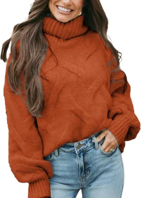 Miessial Women's Fall Loose Cable Knit Turtle Neck Long Lantern Sleeve Sweater Casual Oversized Pullover Sweater Tops