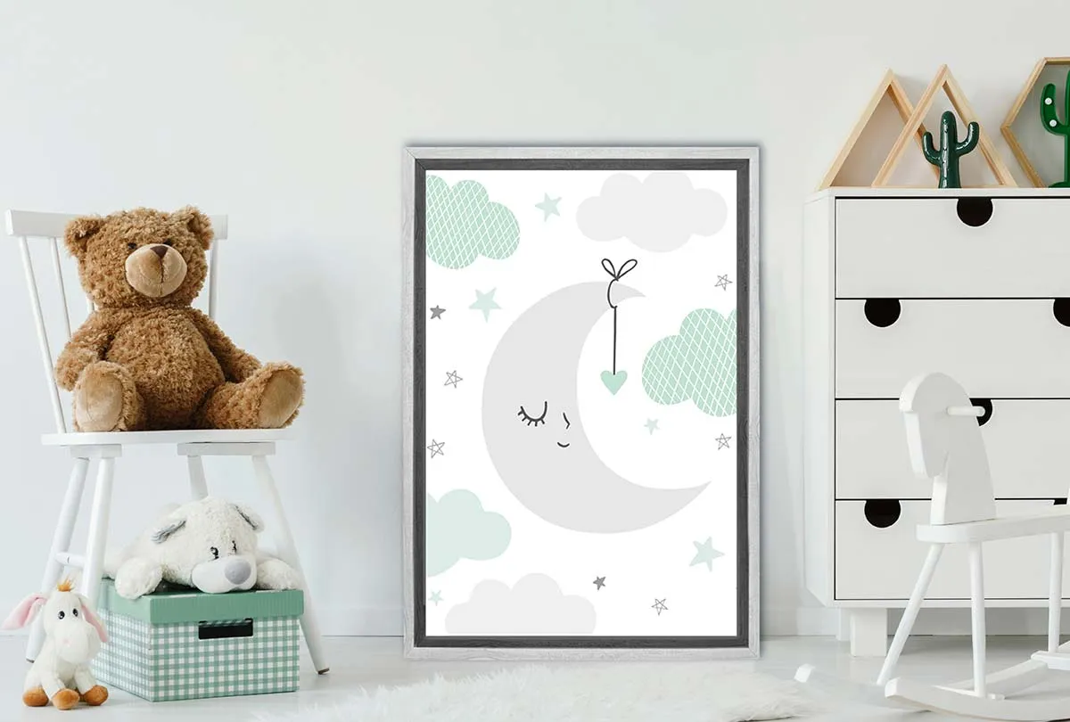 Moon Clouds Starts Teal | Scandinavian Kid's Wall Art Print