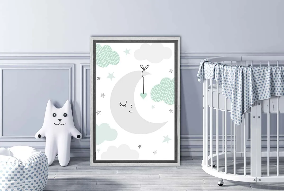 Moon Clouds Starts Teal | Scandinavian Kid's Wall Art Print