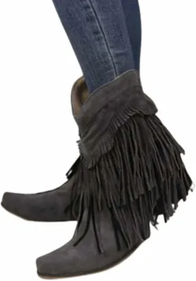 OMEARK Women's Fringed Cowboy Boots, Fashion Flat Suede Mid-Calf Ankle Boots, Winter Fur Lining Slip-On Western Tassel Short Booties Shoes