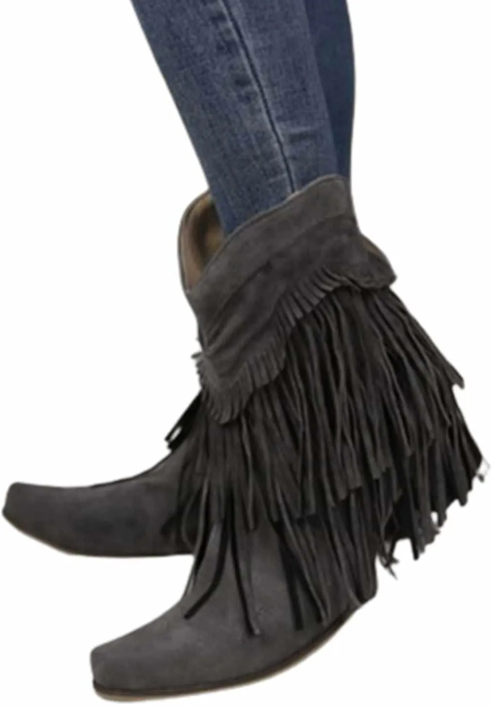 OMEARK Women's Fringed Cowboy Boots, Fashion Flat Suede Mid-Calf Ankle Boots, Winter Fur Lining Slip-On Western Tassel Short Booties Shoes