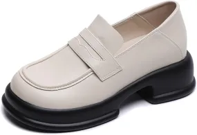Women's Chunky Loafers/Slip-ons for Fashionable Business Casuals and Office Work, Platform Thick Sole, Small Size,College Style Small Leather Shoes,White-36