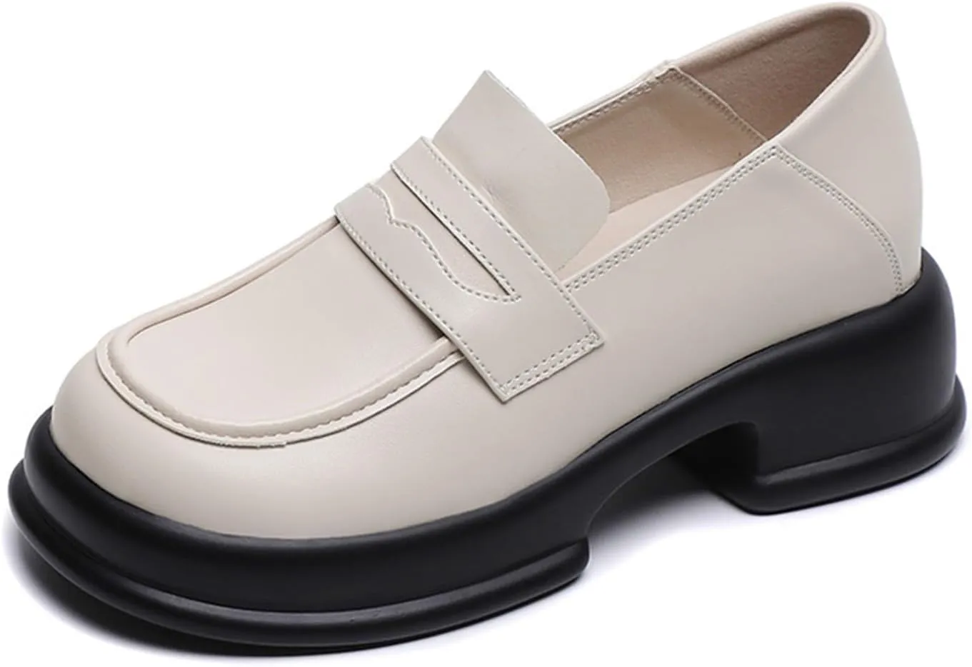 Women's Chunky Loafers/Slip-ons for Fashionable Business Casuals and Office Work, Platform Thick Sole, Small Size,College Style Small Leather Shoes,White-36