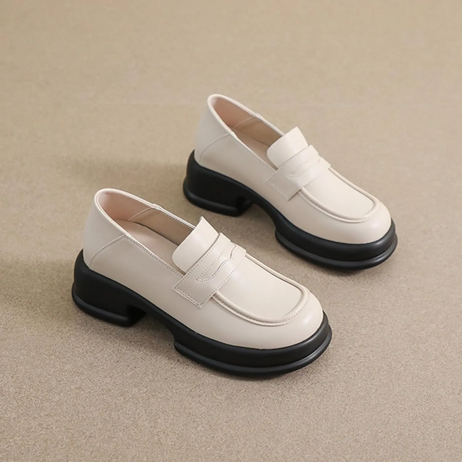 Women's Chunky Loafers/Slip-ons for Fashionable Business Casuals and Office Work, Platform Thick Sole, Small Size,College Style Small Leather Shoes,White-36