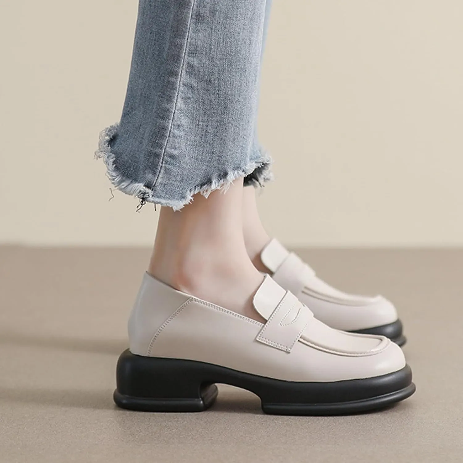 Women's Chunky Loafers/Slip-ons for Fashionable Business Casuals and Office Work, Platform Thick Sole, Small Size,College Style Small Leather Shoes,White-36