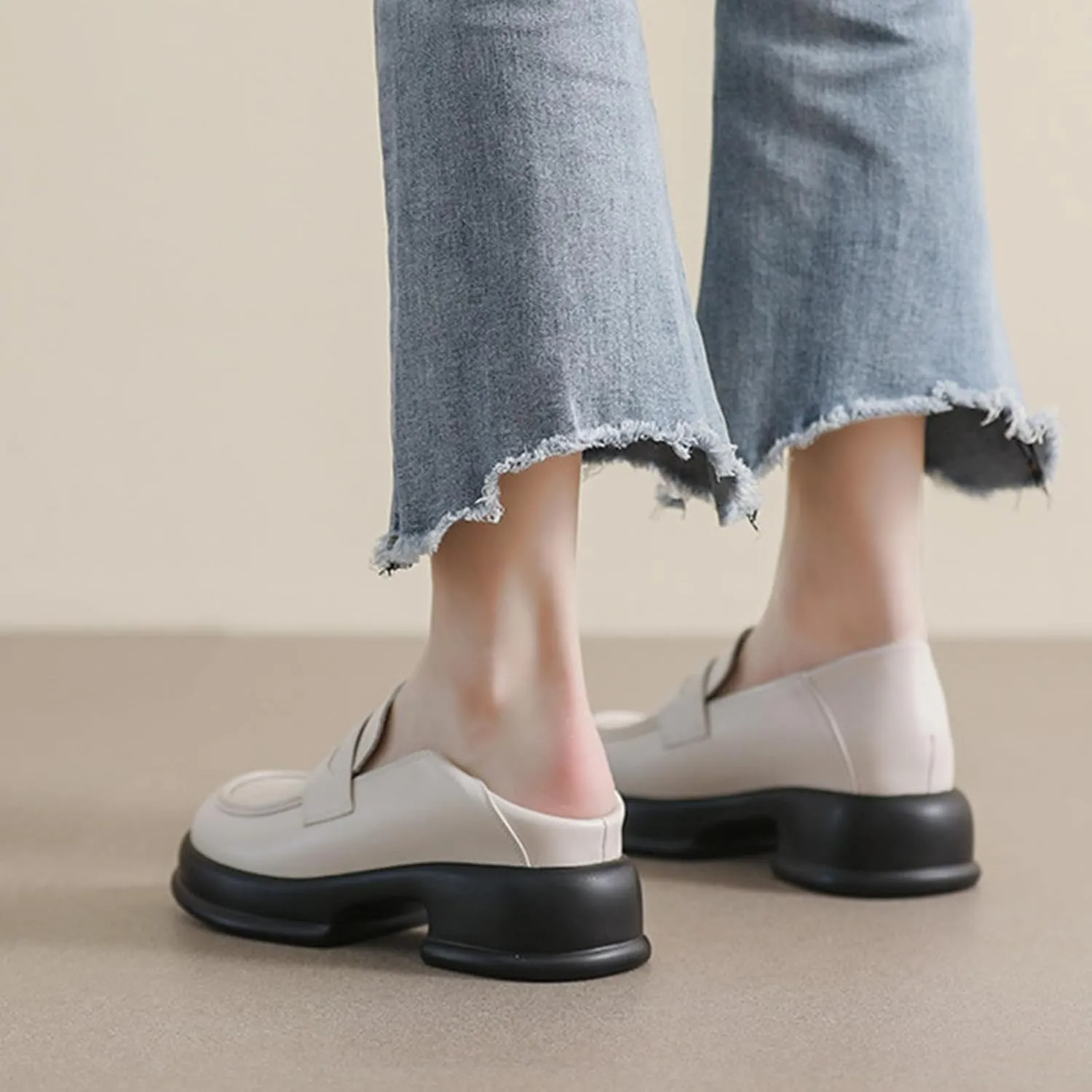 Women's Chunky Loafers/Slip-ons for Fashionable Business Casuals and Office Work, Platform Thick Sole, Small Size,College Style Small Leather Shoes,White-36