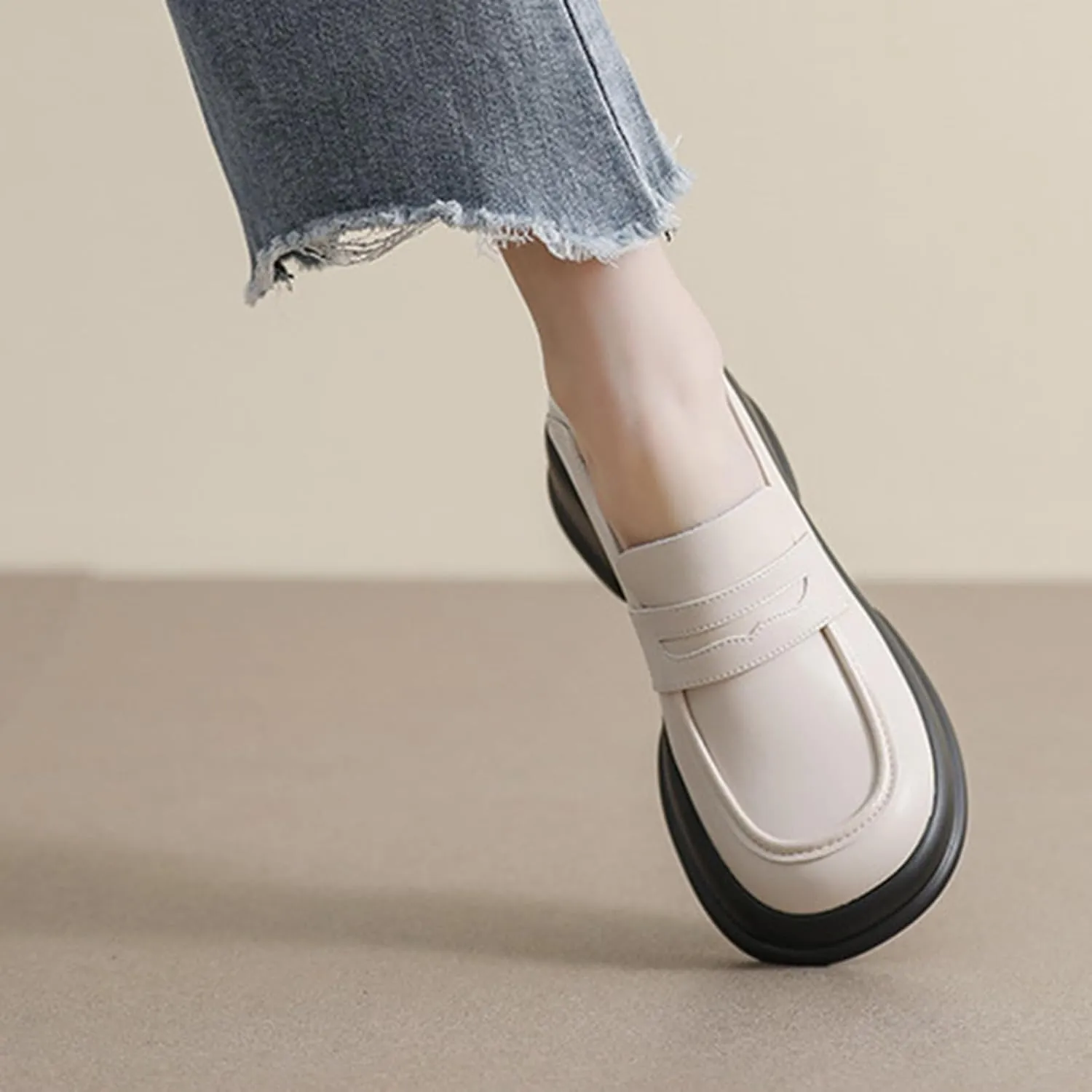 Women's Chunky Loafers/Slip-ons for Fashionable Business Casuals and Office Work, Platform Thick Sole, Small Size,College Style Small Leather Shoes,White-36