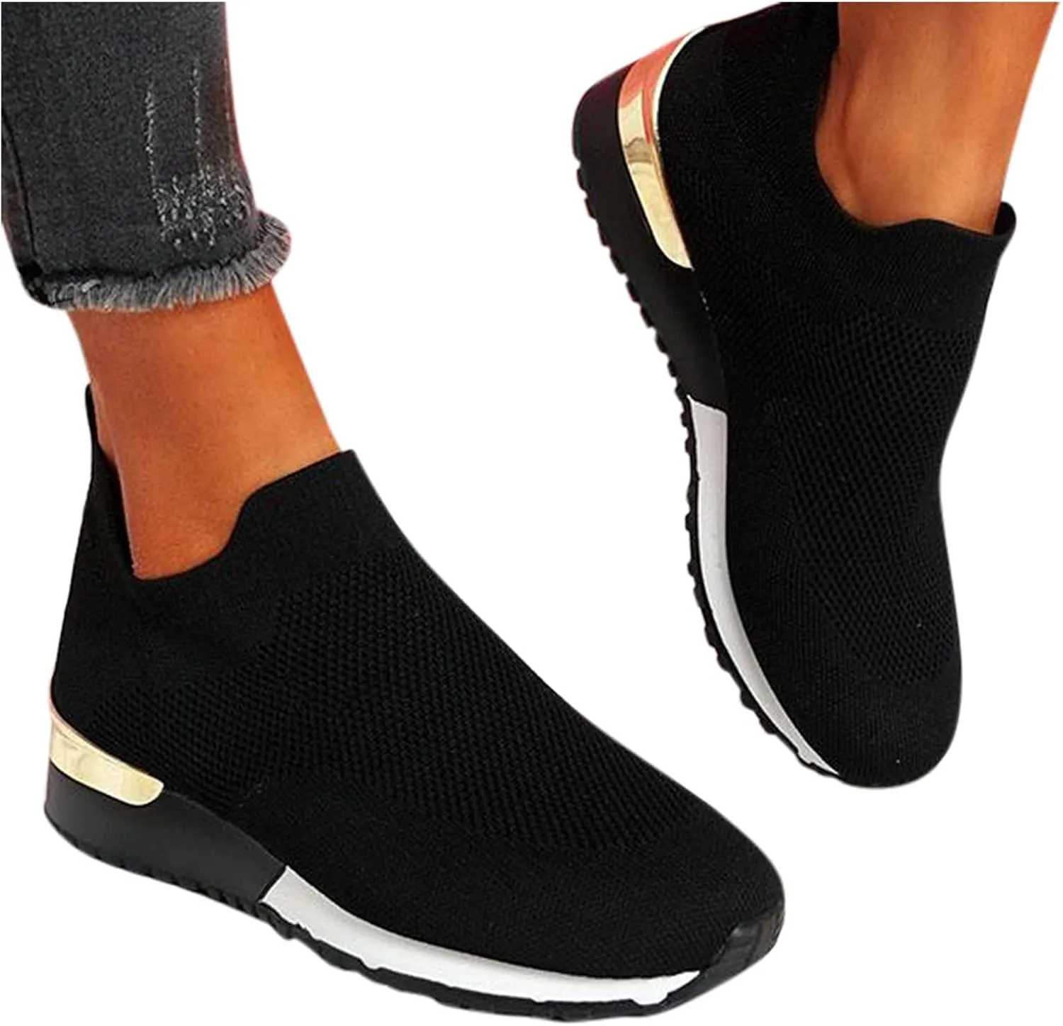 Women's Fashion Sneaker Mesh Slip On Black Non Slip Shoes for Women Comfortable Walking Shoes for Men Wide Width Black Platform Loafers Women Sock Sneakers Women