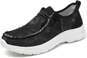 Women's Men's Canvas Slip On Loafers Unisex Round Toe Shallow Mouth Lace Up Casual Boat Shoes Comfortable Breathable Lightweight Walking Shoes