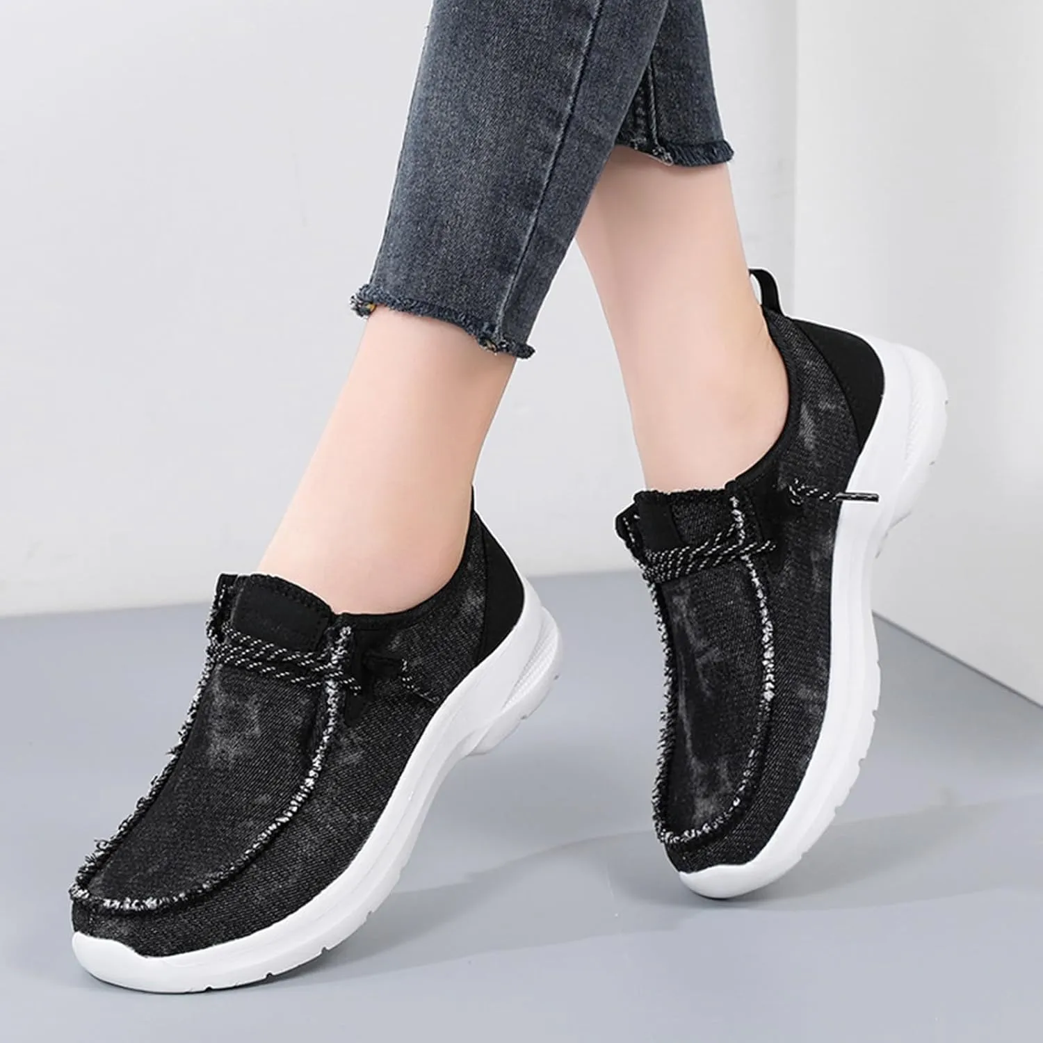 Women's Men's Canvas Slip On Loafers Unisex Round Toe Shallow Mouth Lace Up Casual Boat Shoes Comfortable Breathable Lightweight Walking Shoes