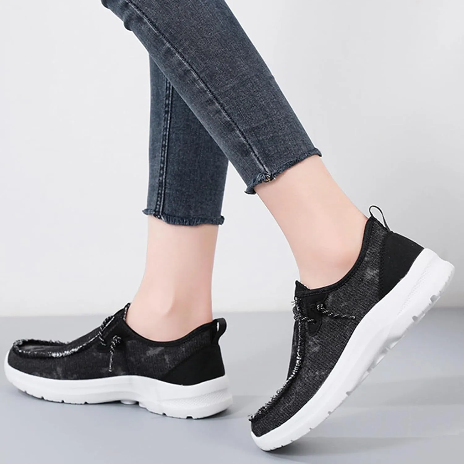 Women's Men's Canvas Slip On Loafers Unisex Round Toe Shallow Mouth Lace Up Casual Boat Shoes Comfortable Breathable Lightweight Walking Shoes